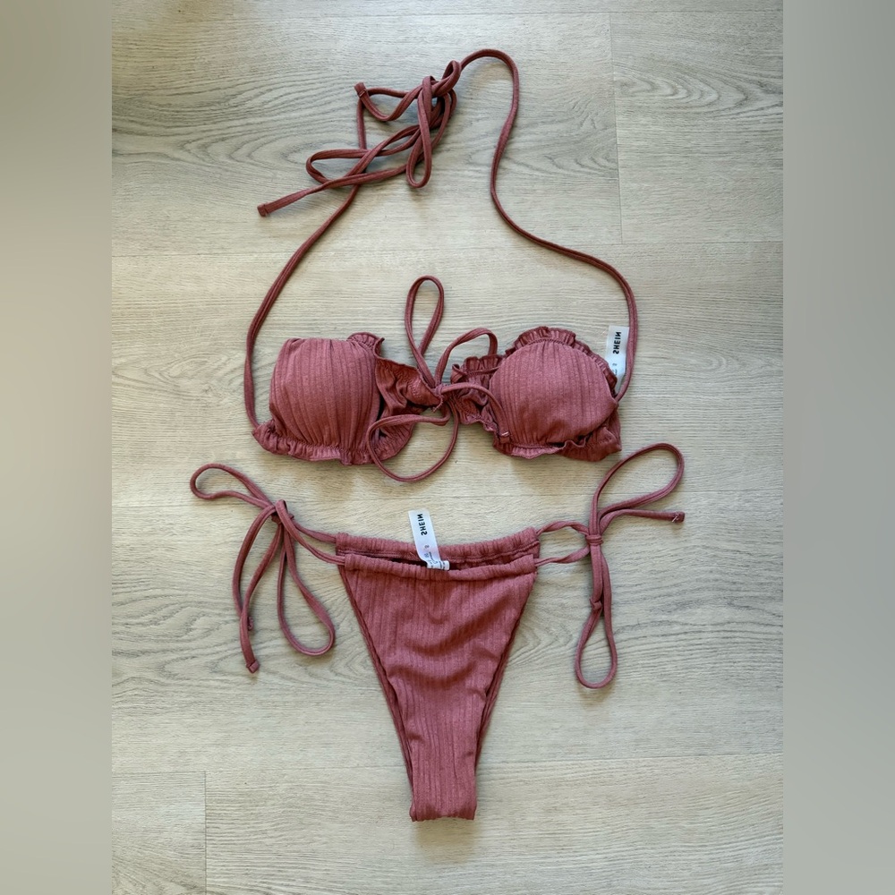 NWOT SHEIN Brown Ribbed Bikini Top + Bottoms